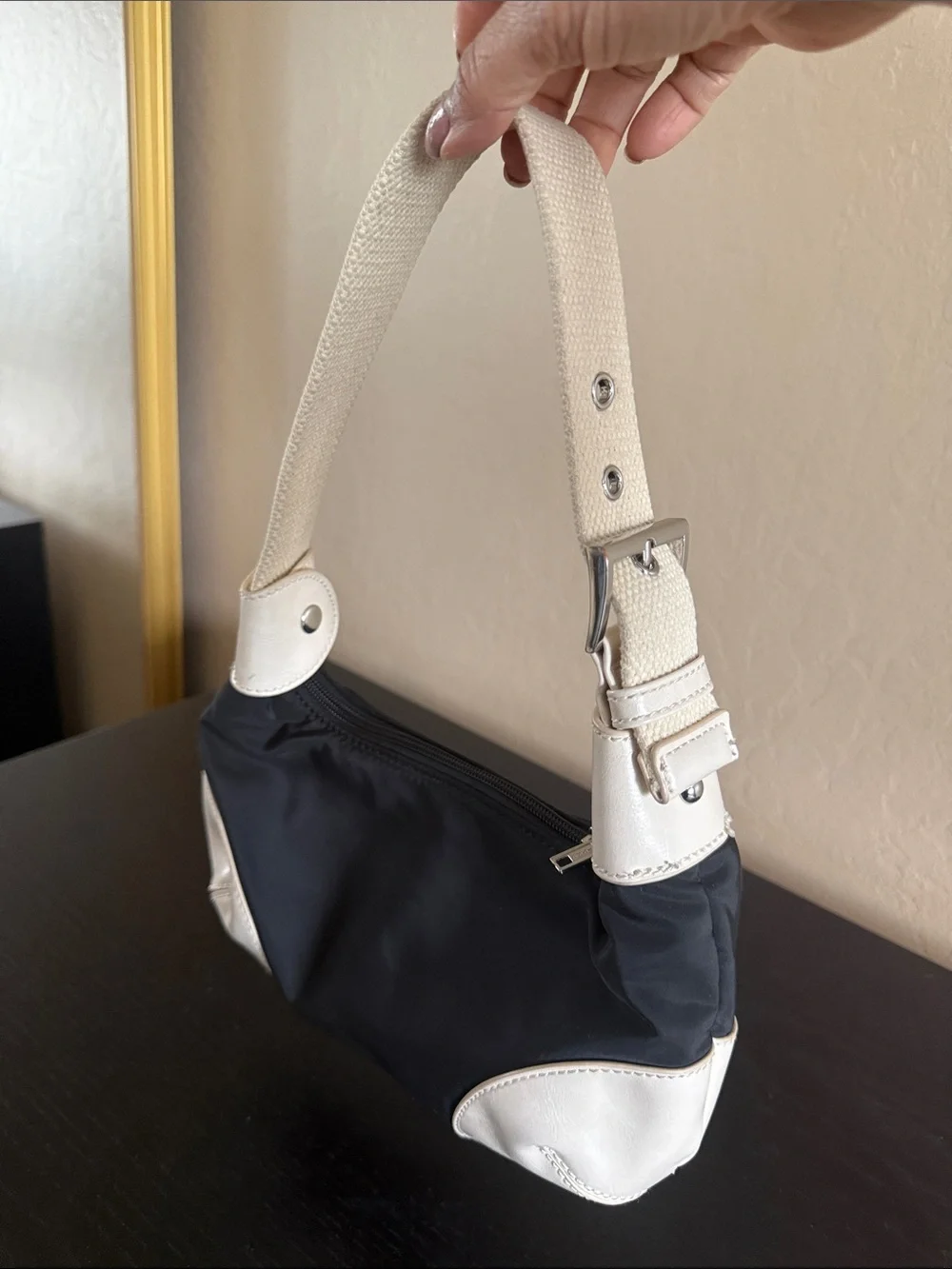 Brandy Melville Black White Nylon Vegan Leather Trim Shoulder Bag Y2K Hobo